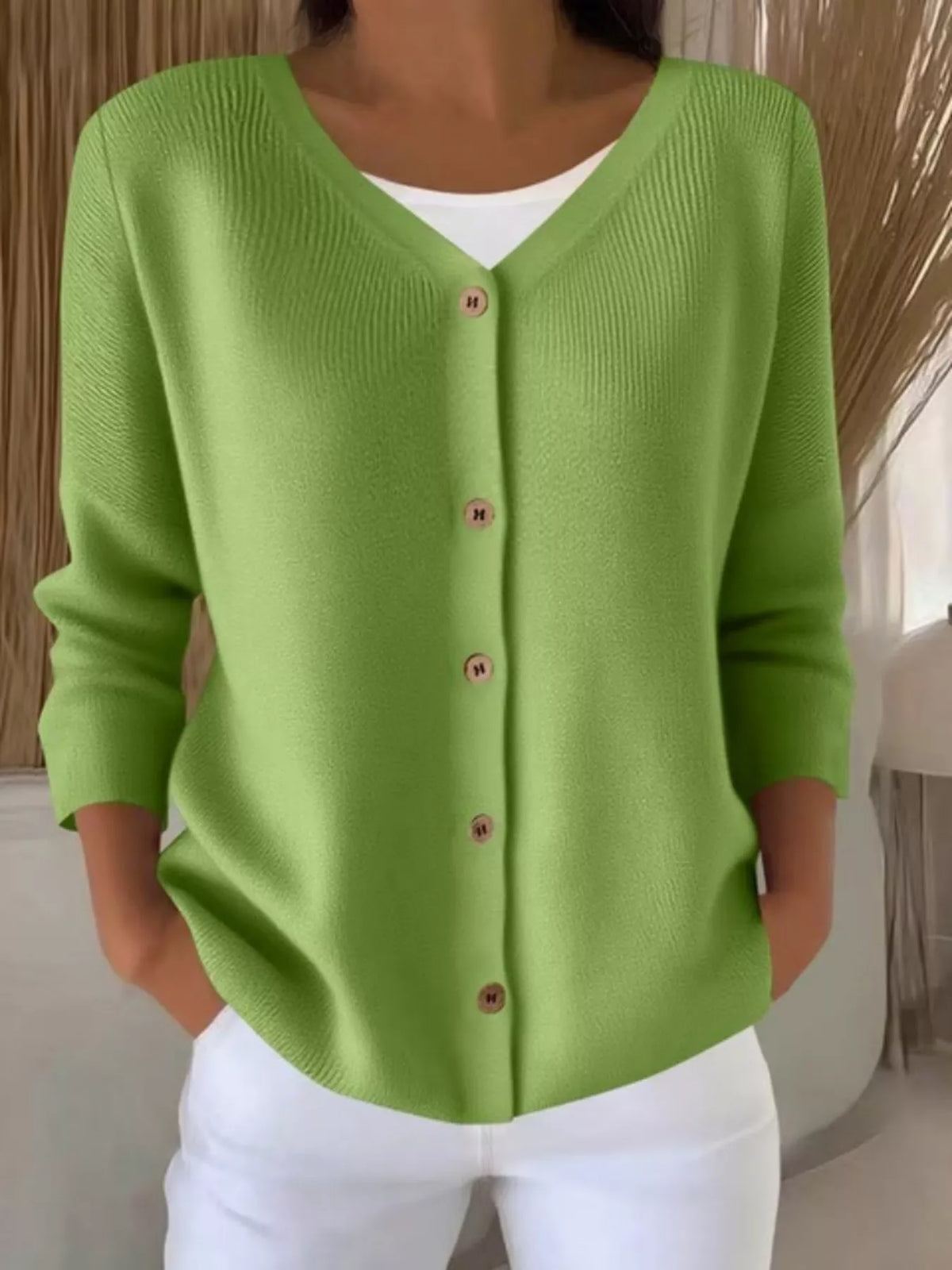 V-Neck Button-Down Ribbed Knit Cardigan - Green - View 1