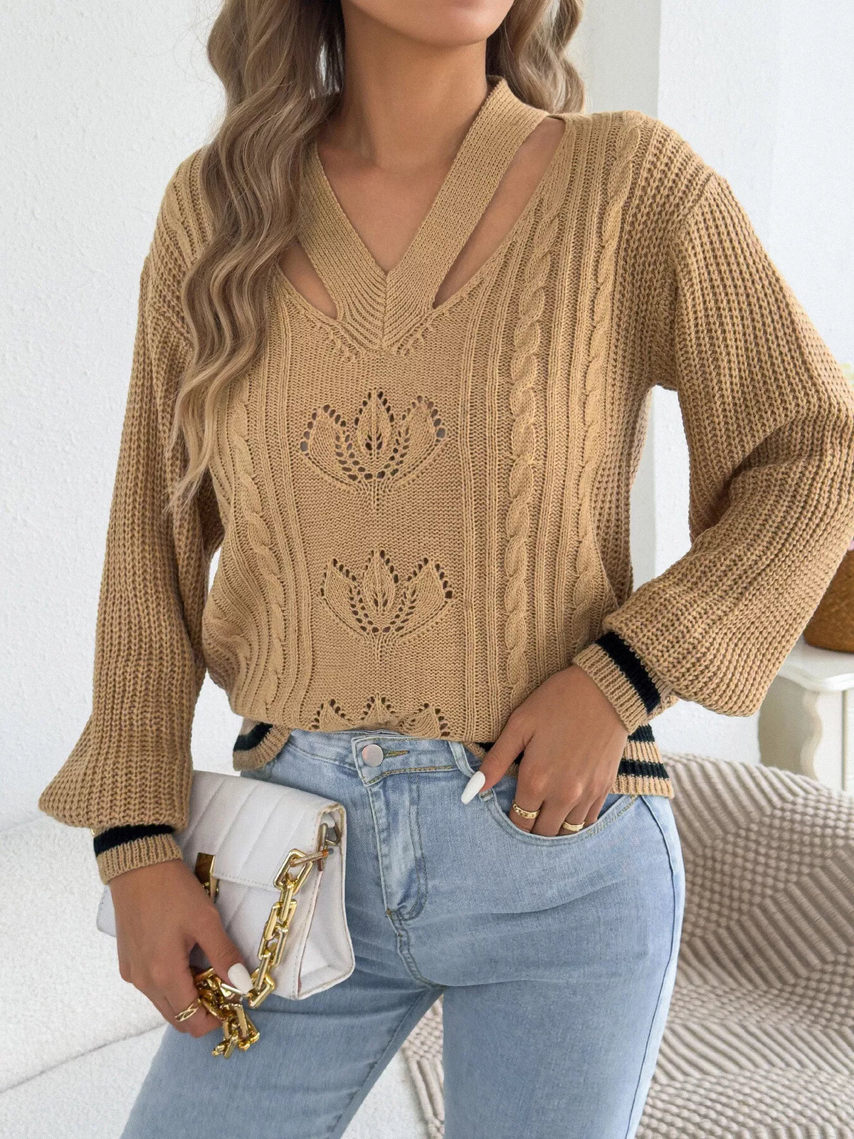Cutout Cable Knit Sweater - Camel - View 6