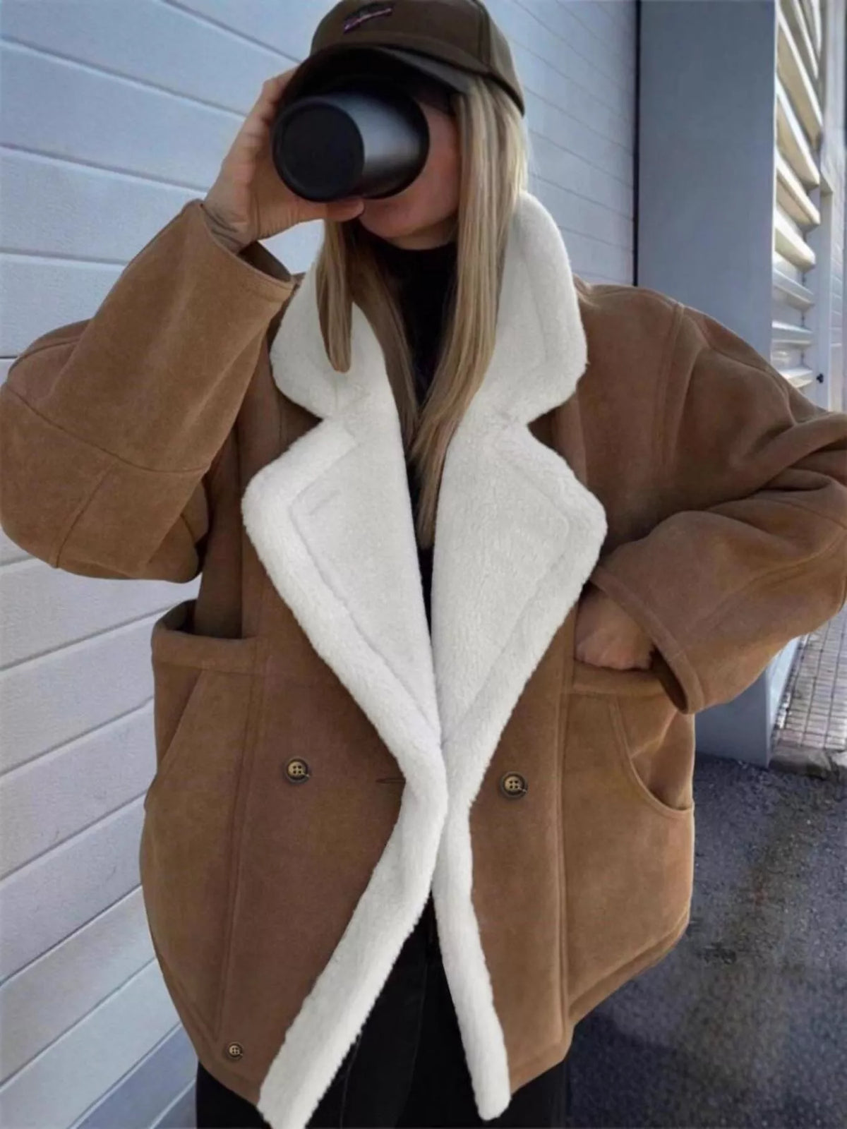 Plush Lined Dropped Shoulder Outerwear - Brown - View 1