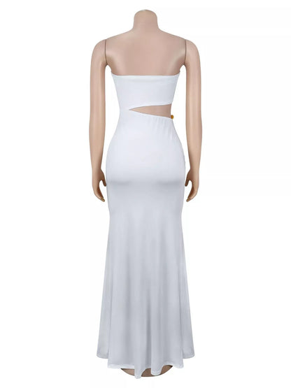 Strapless Cut-out Maxi Dress with Ruched Detail - White - Rear Product View