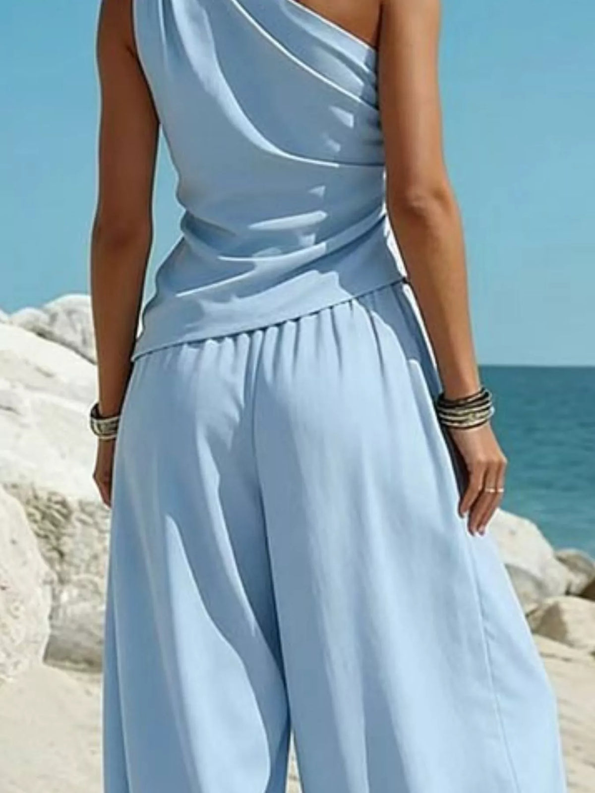 Full Size One-Shoulder Sleeveless Top and Harem Pants Set Plus Size - Light Blue - View 2