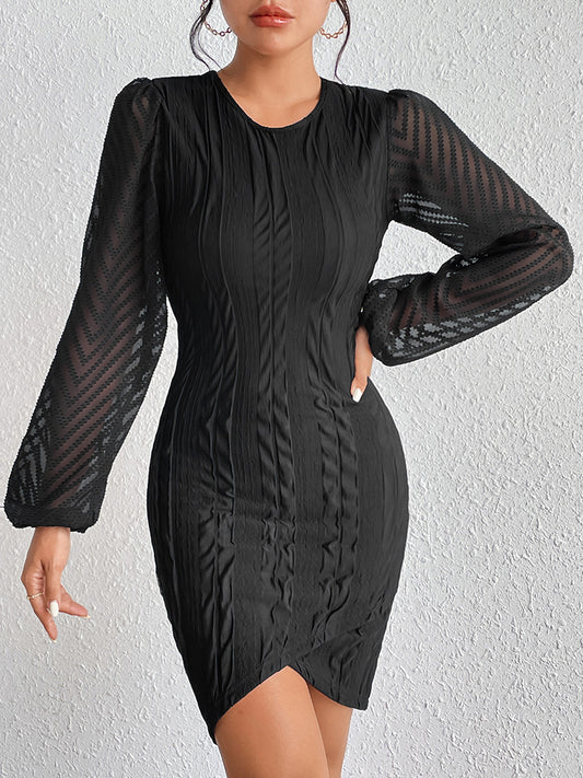 Honey Round Neck Puff Sleeve Tulip Hem Mini Dress - Black - View 1