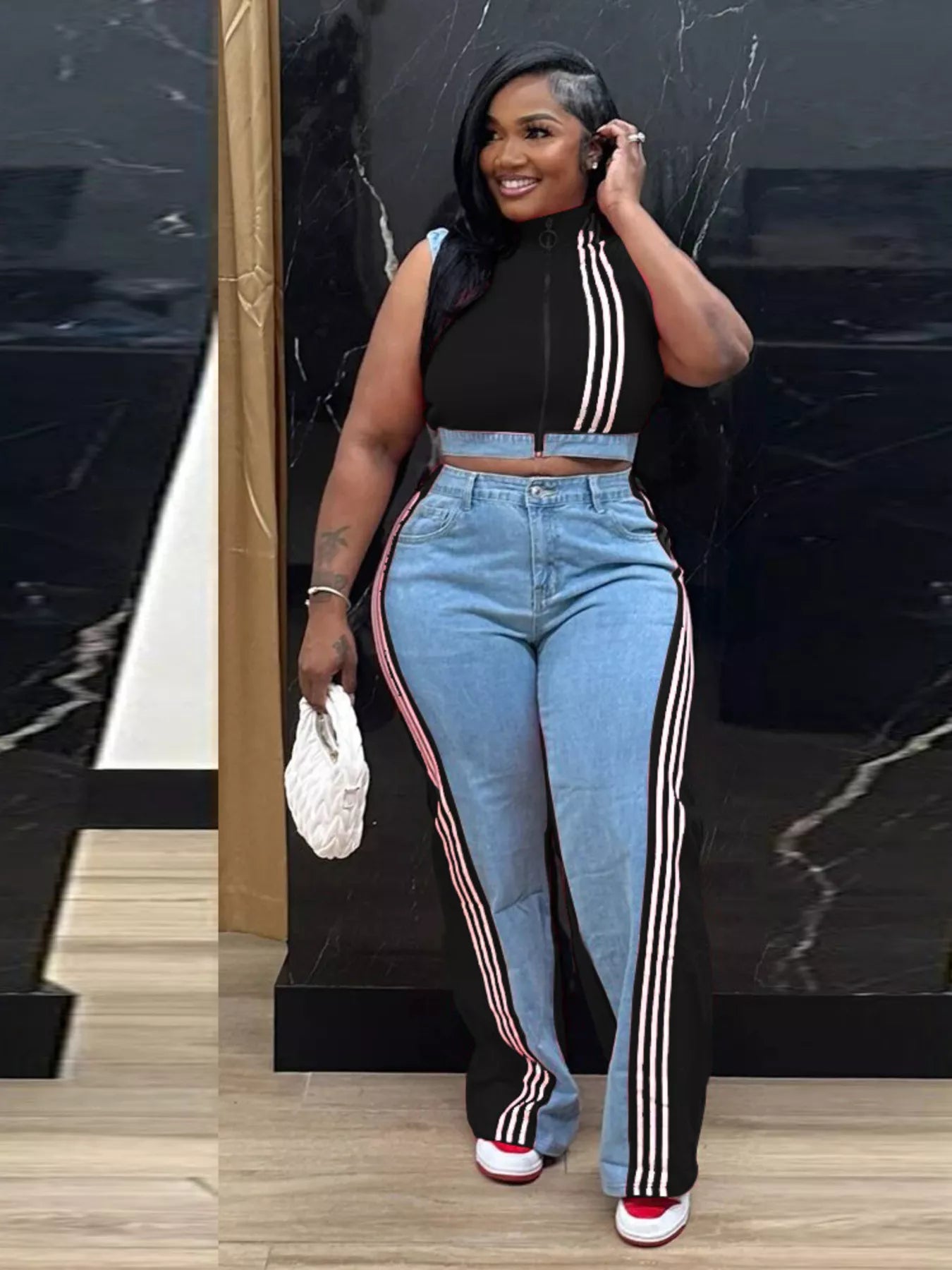 Zip Front Crop Top and Striped Pants Set - Black - Styled Front View