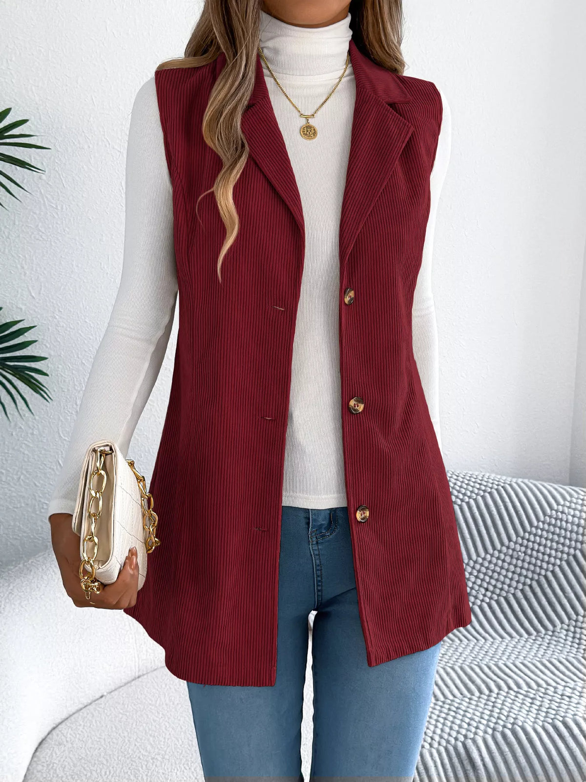 Button-Front Longline Vest Coat - Burgundy - View 11