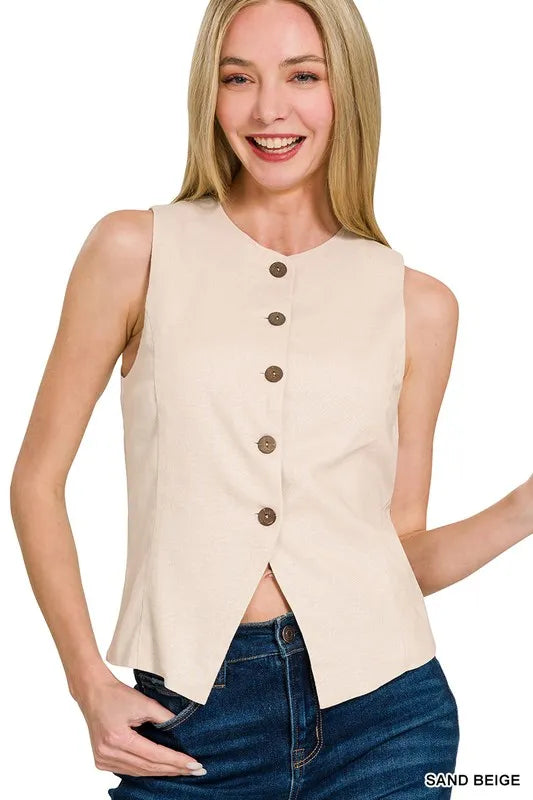 Zenana Linen Button Down Vest - SAND BEIGE - View 3