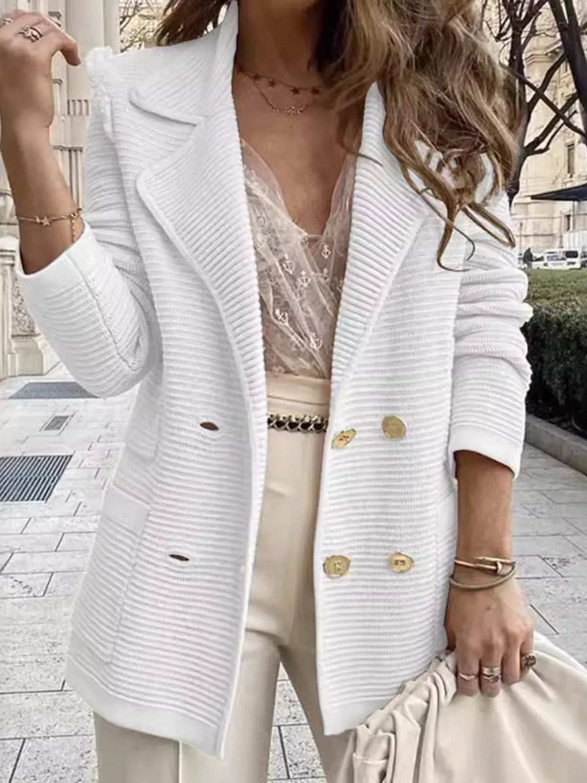 Texture Knit Double-Breasted Blazer - White - View 16