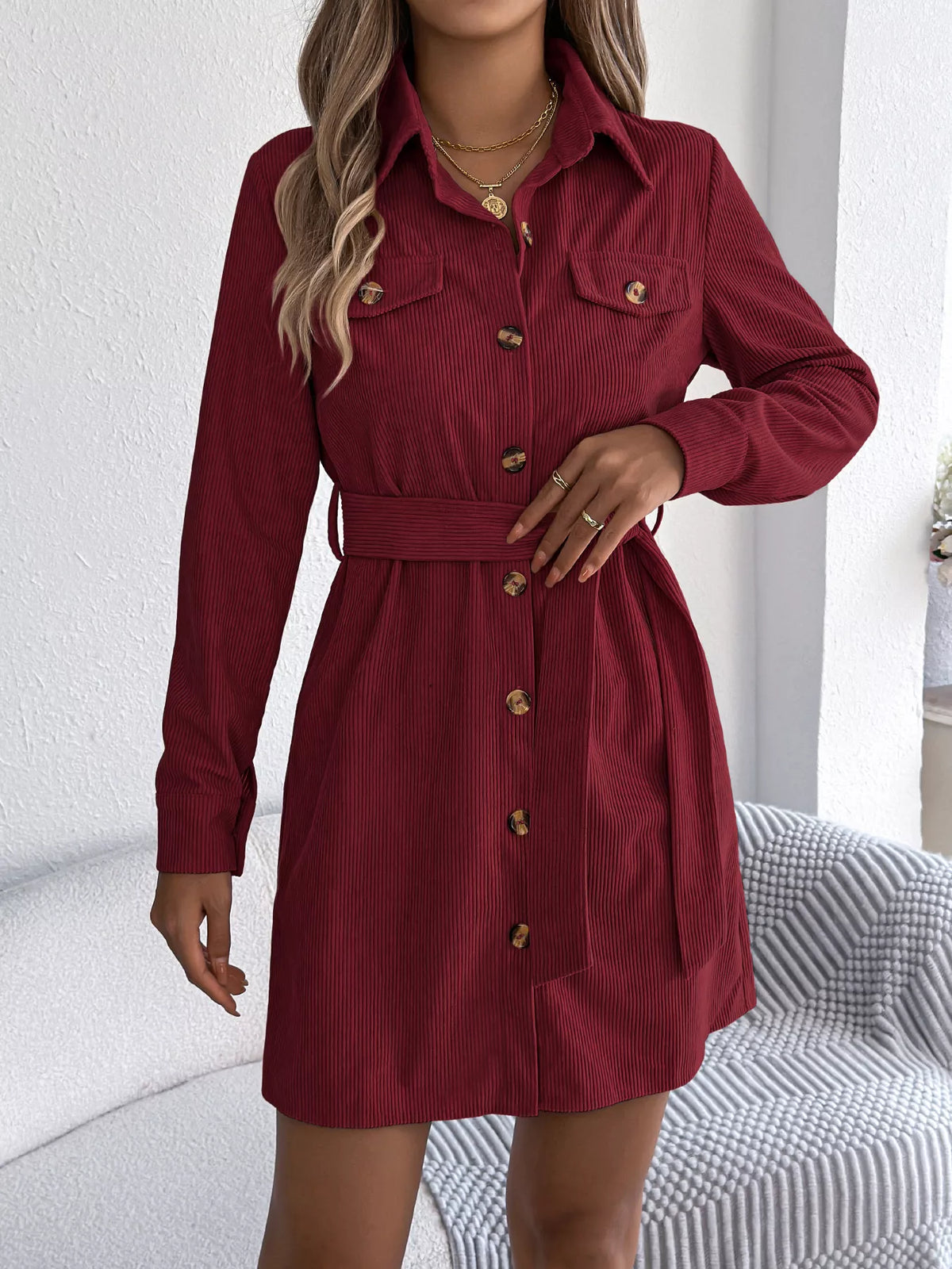 Corduroy Button-Down Shirt Dress - Burgundy - View 5