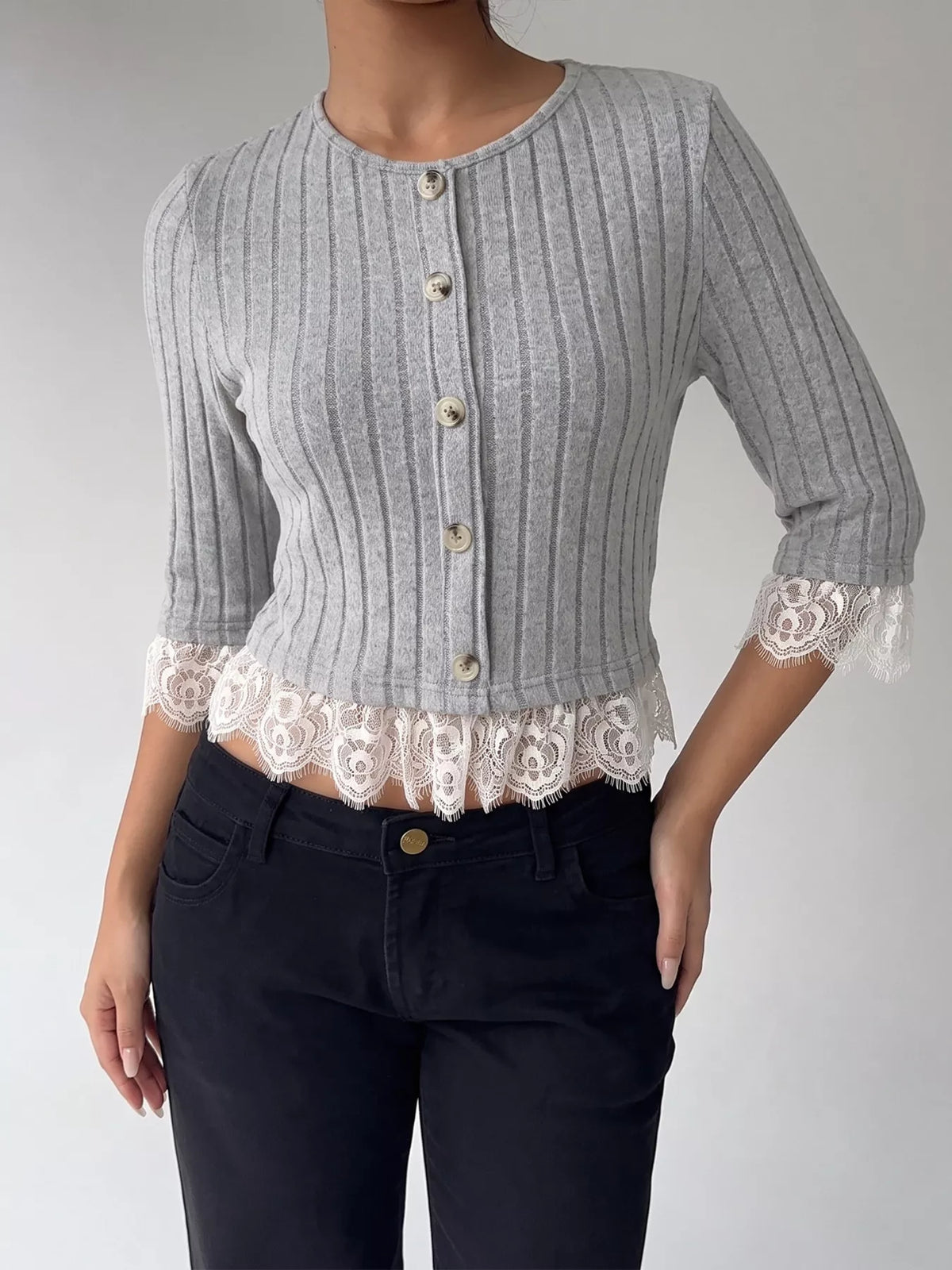 Lace Hem Ribbed Knit Button-Down Top - Gray - View 3