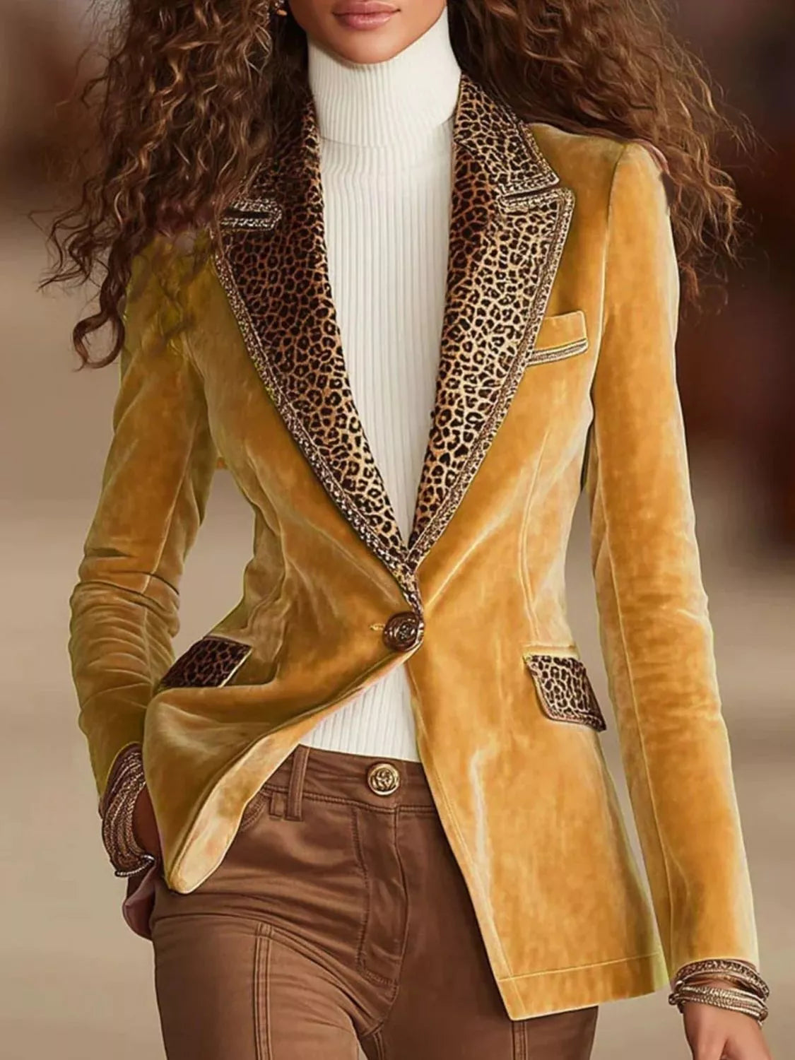 Full Size Leopard Collar One Button Blazer Plus Size - Yellow - View 4