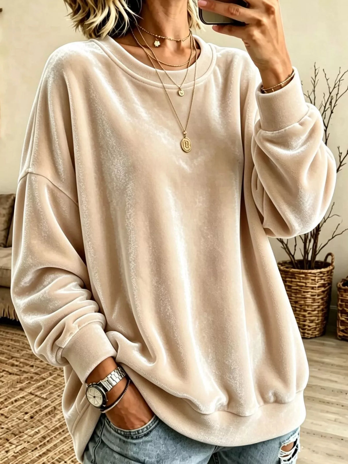 Full Size Crew Neck Drop Shoulder Sweatshirt Plus Size - Apricot Color - View 21