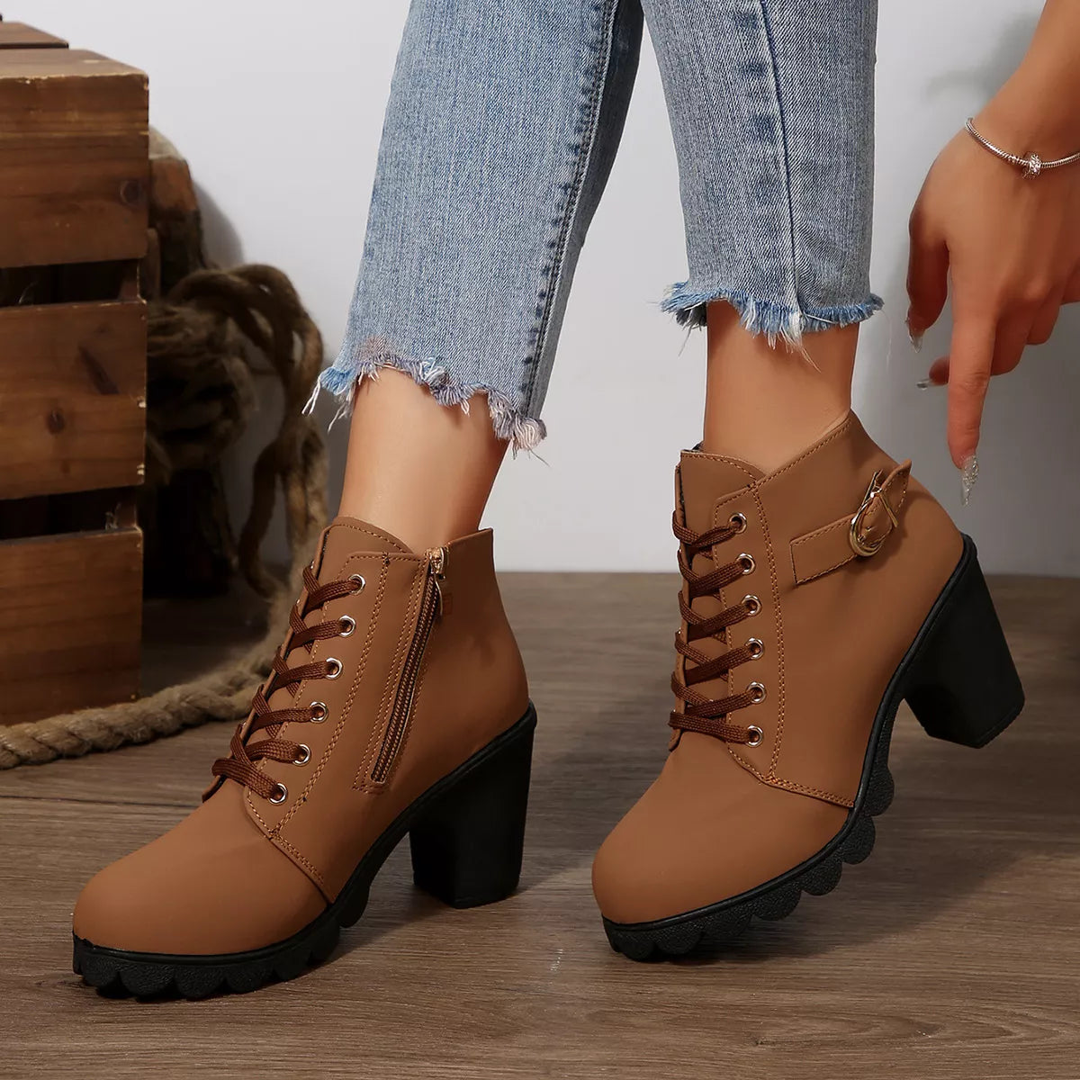 Lace Up Block Heels Boots - Brown - View 6