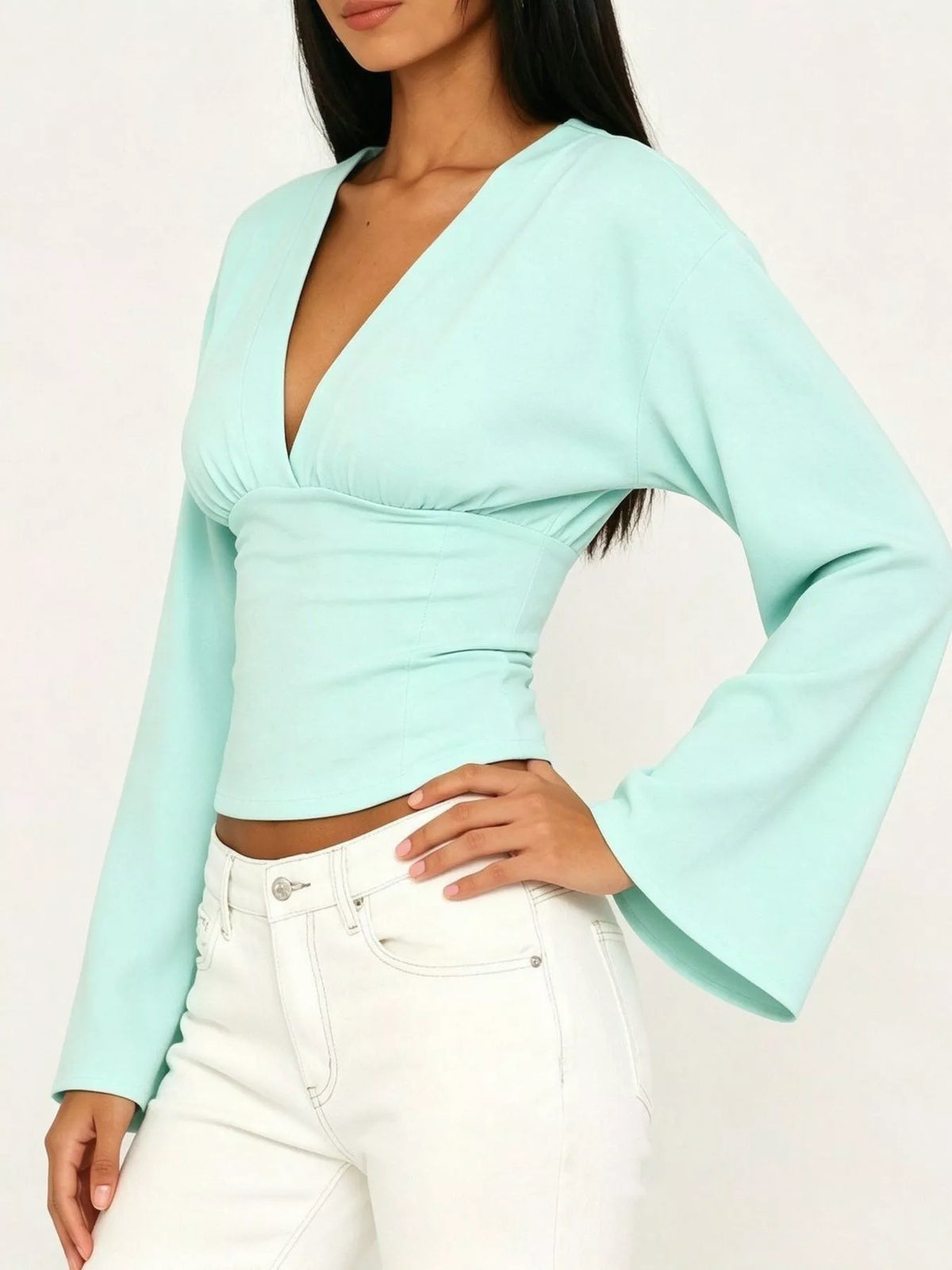 V-Neck Flare Sleeve Blouse - Mint Blue - View 3