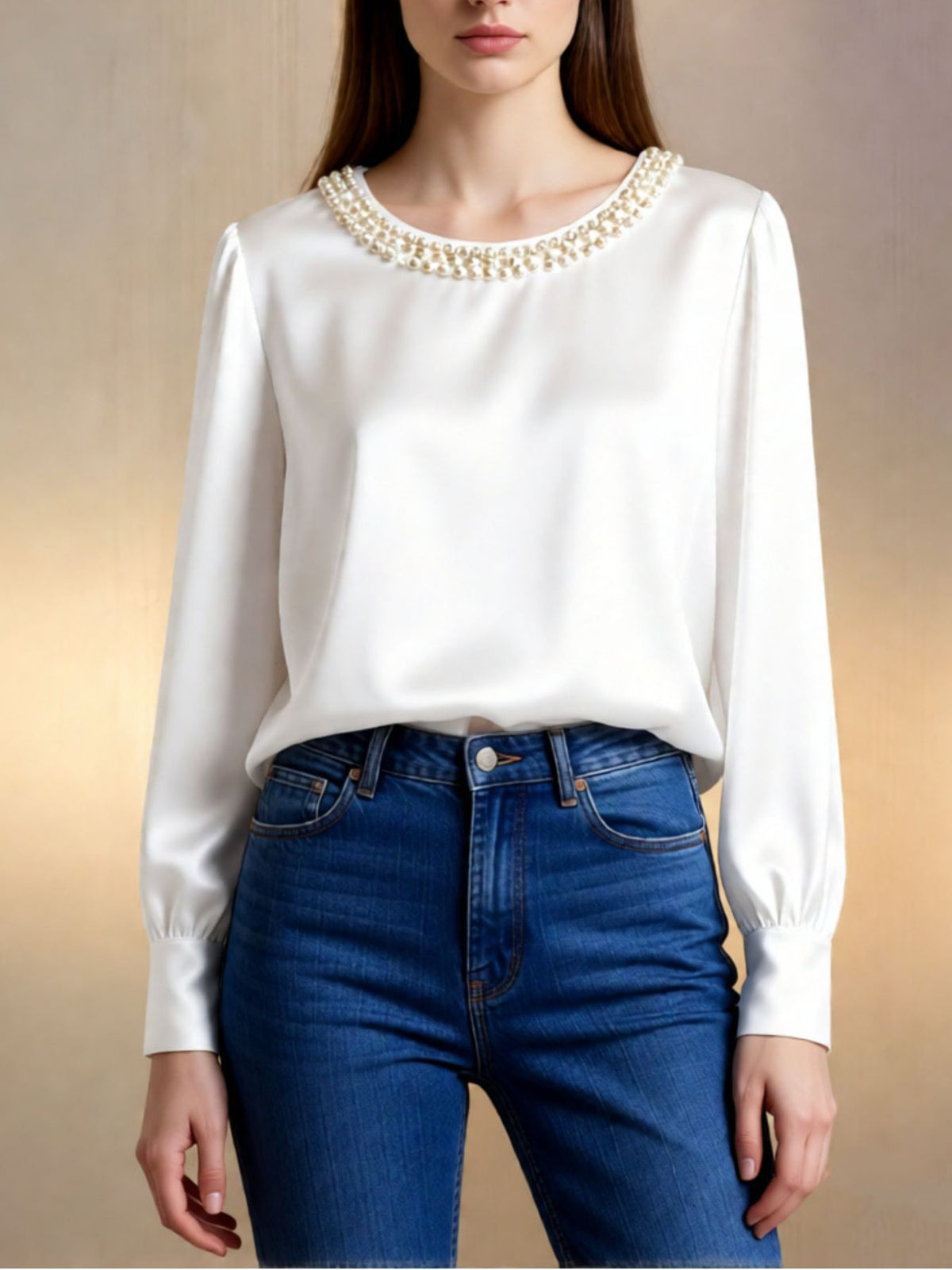 Pearl Trim Round Neck Satin Blouse - White - View 4