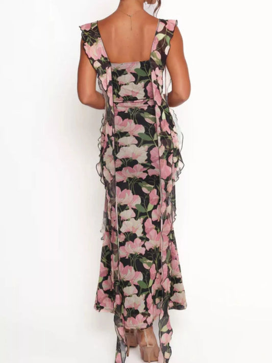 Floral Print Ruffle Trim Bodycon Maxi Dress - Green - View 2