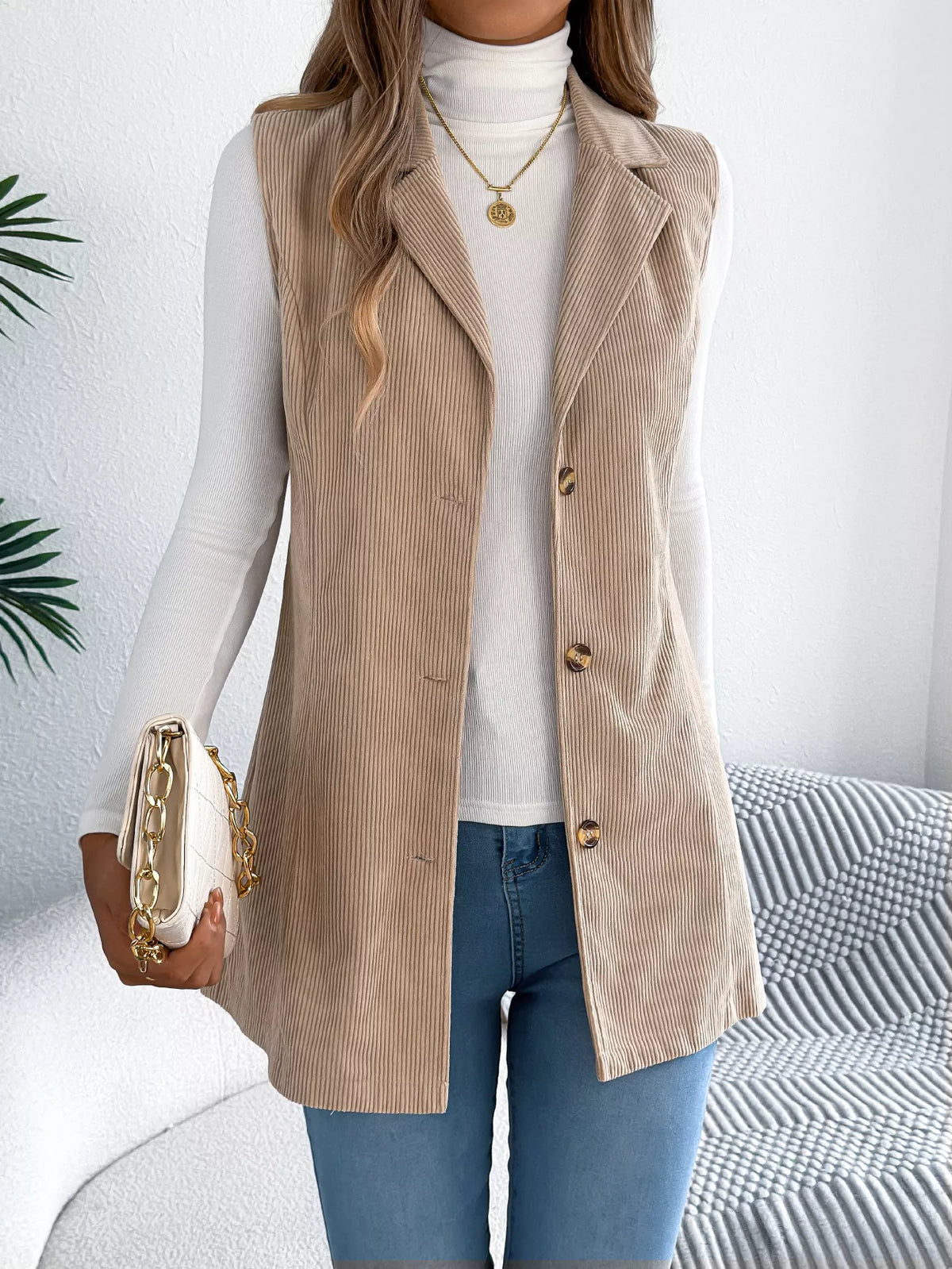 Button-Front Longline Vest Coat - Khaki - View 1