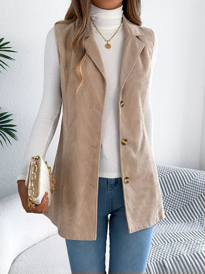 Button-Front Longline Vest Coat - Khaki - View 1