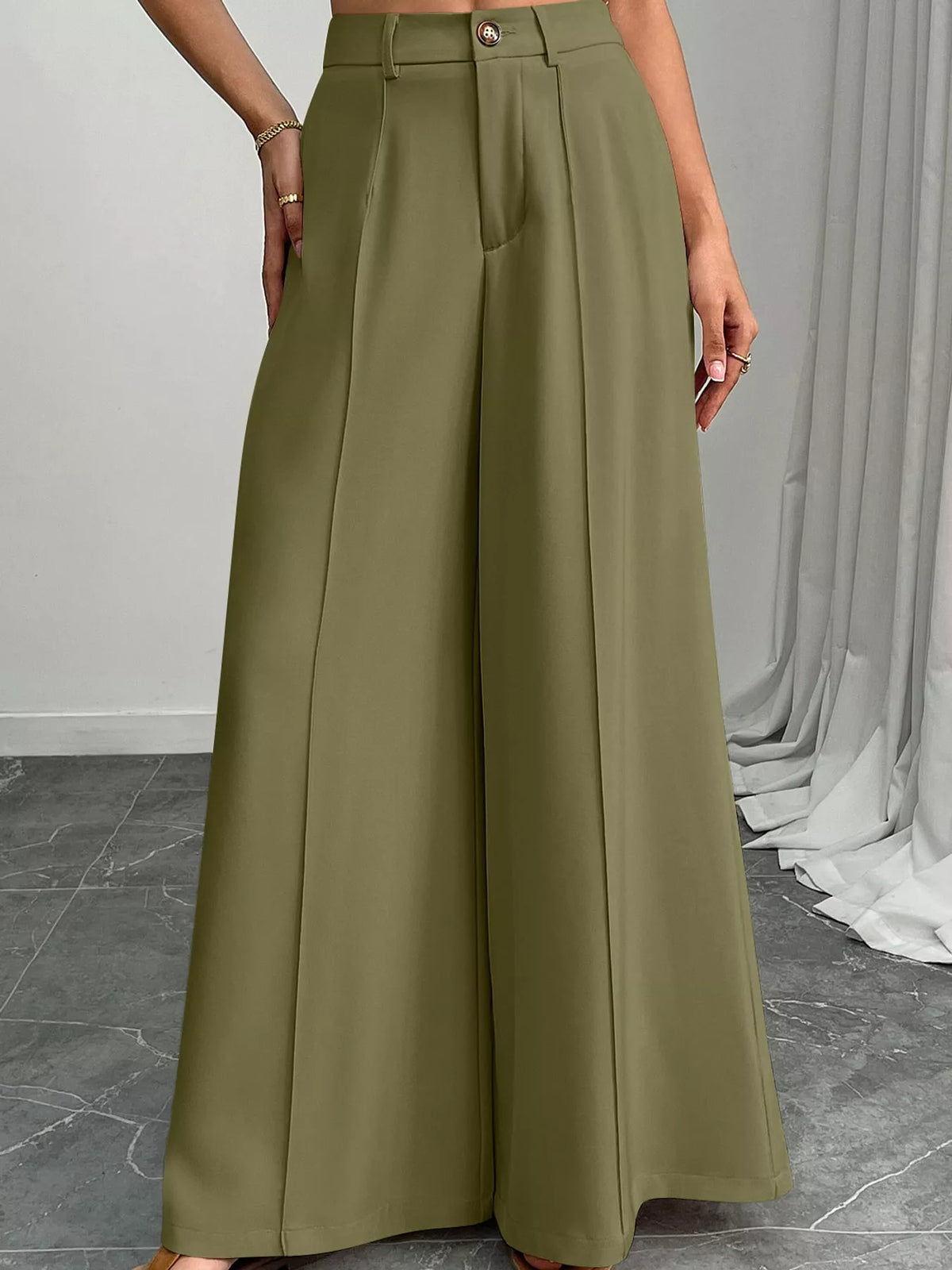 High-Waisted Wide-Leg Pants - Army Green - View 12