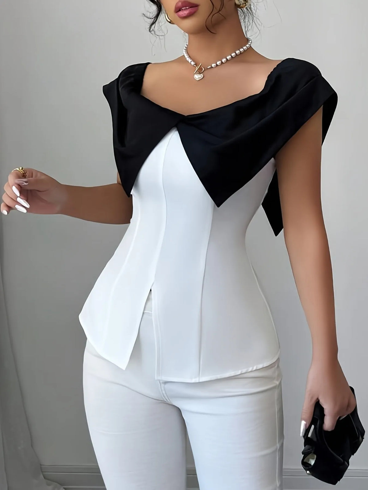 Slit Contrast Cap Sleeve Blouse - White - View 6