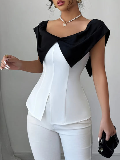Slit Contrast Cap Sleeve Blouse - White - View 6