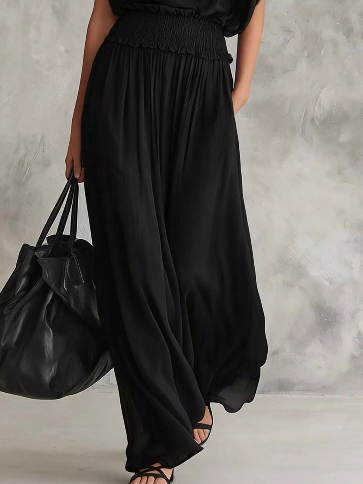 Chiffon Maxi Dress with Smocked Waist - Black - View 1