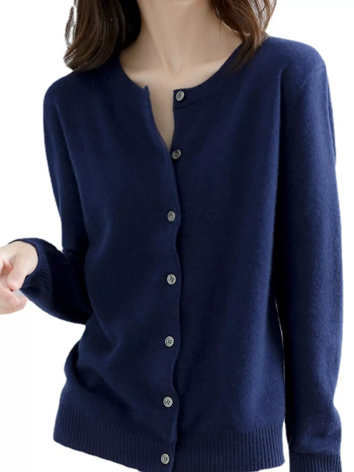 Crew-Neck Button-Down Cardigan - Navy - View 4