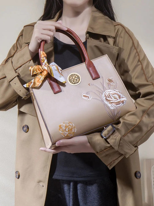 Floral Embroidered Top Handle Handbag - Apricot - View 2