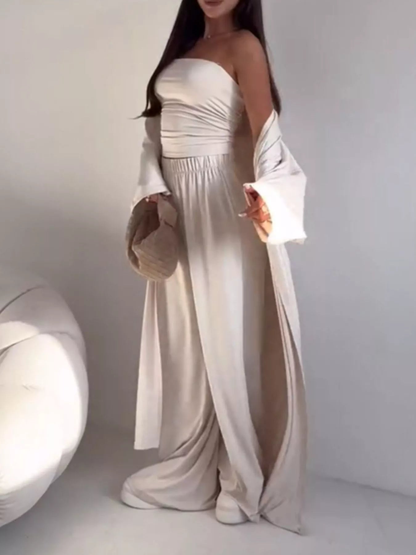 Tube Top & Cardigan & Wide Leg Pants 3-Piece Set - Tan - Second Alternate Styled Front View
