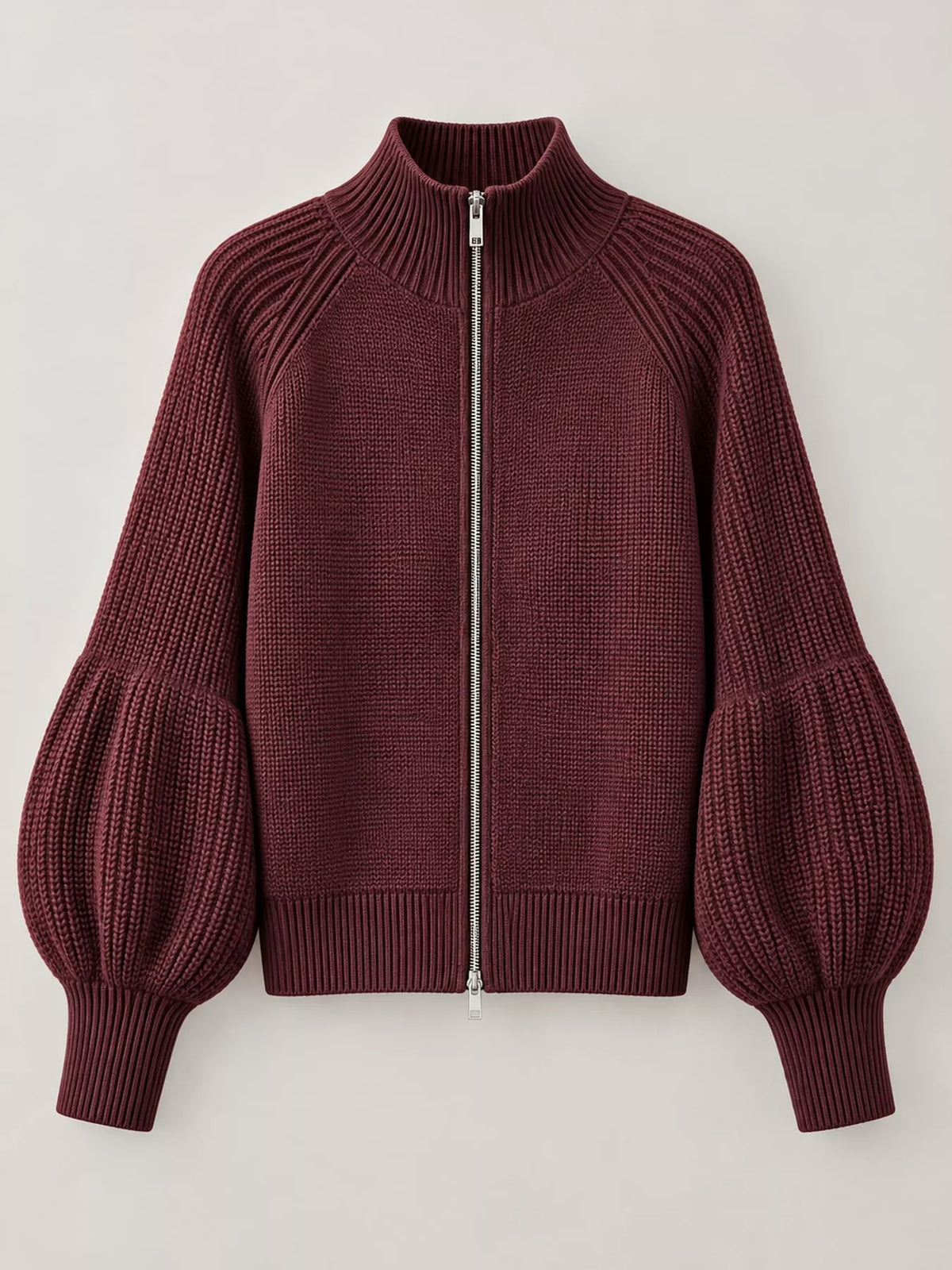 Ribbed Knit Zip-Up Cardigan with Lantern Sleeves - Dark Burgundy - View 4