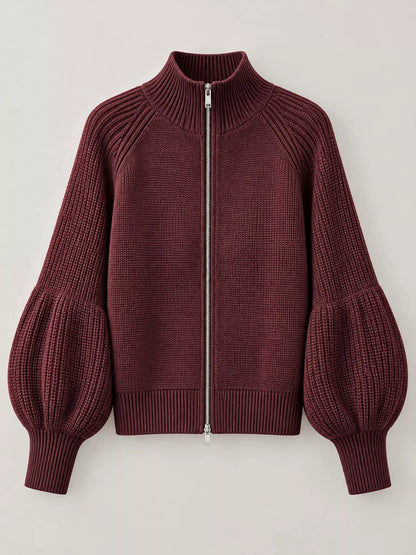 Ribbed Knit Zip-Up Cardigan with Lantern Sleeves - Dark Burgundy - View 4
