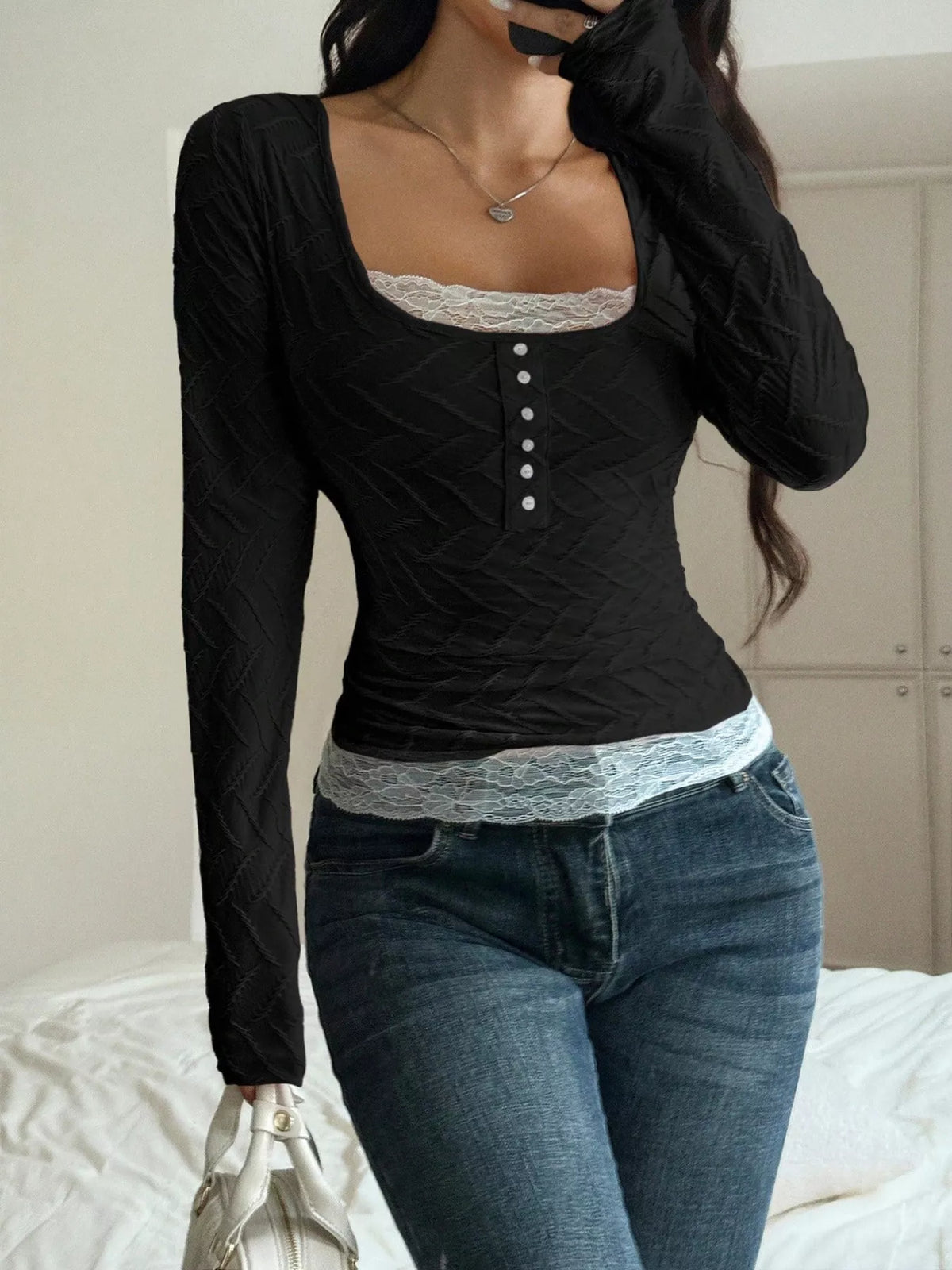 Square Neck Lace Trim Textured T-Shirt - Black - View 3