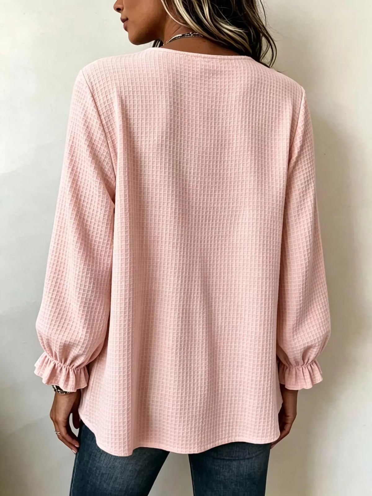 Waffle Knit Long Sleeve Top - Blush Pink - View 2