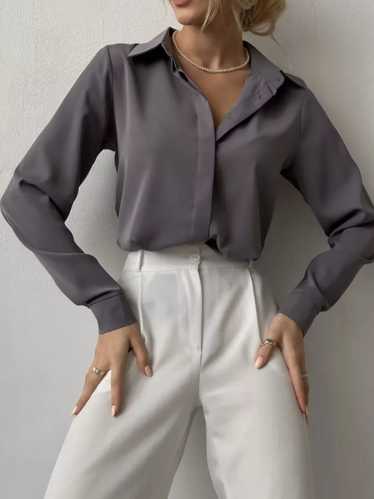 Button Up Long-Sleeve Shirt - Gray - View 4