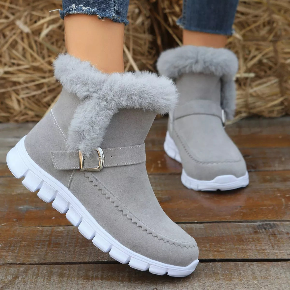 Fuzzy Trim Buckle Boots - Dark Gray - View 1