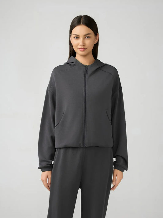 Millennia Zip-Up Dropped Shoulder Active Hoodie - Dark Gray - View 1