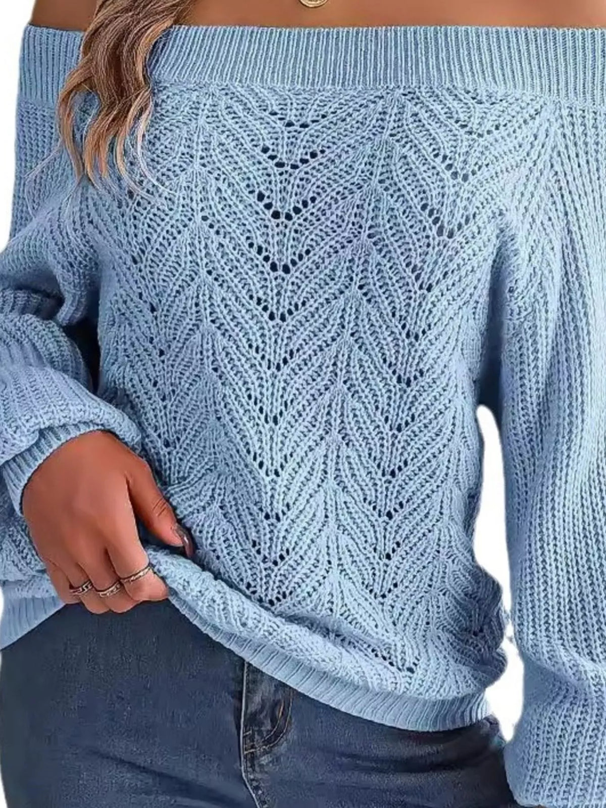 Openwork Off-Shoulder Sweater - Light Blue - View 3