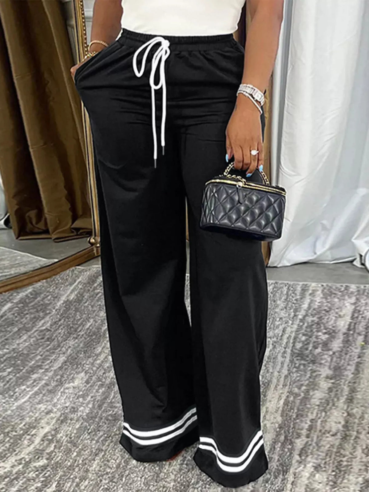 Wide-Leg Drawstring Pants with Striped Hem - Black - View 1