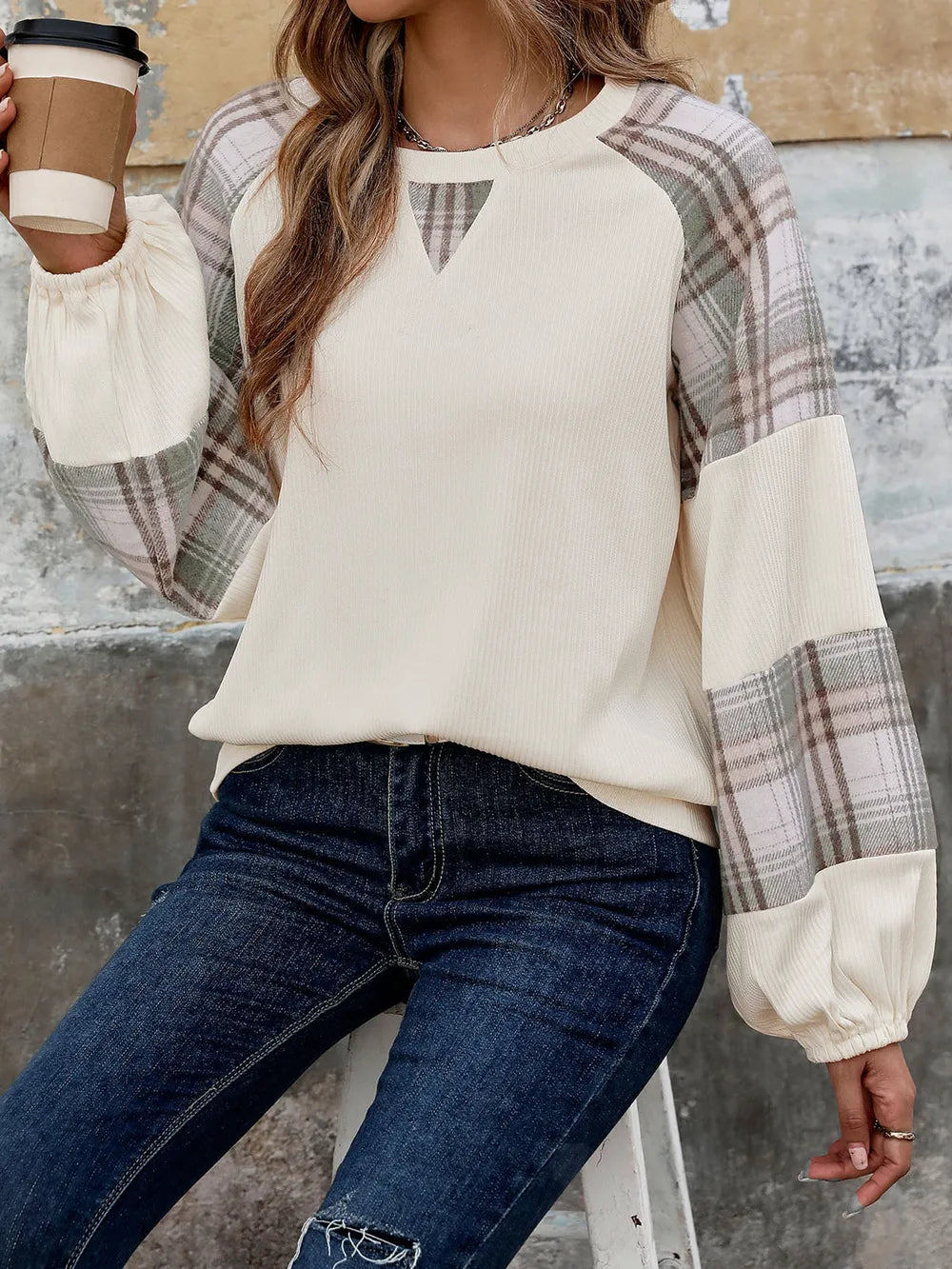 Perfee Plaid Round Neck Long Sleeve Sweatshirt - Cream - Styled Front View