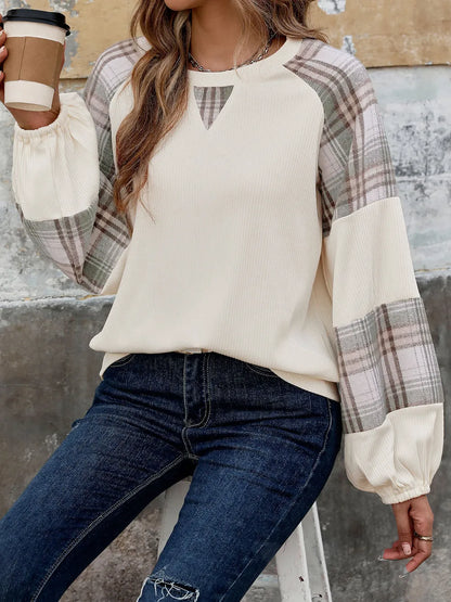 Perfee Plaid Round Neck Long Sleeve Sweatshirt - Cream - Styled Front View