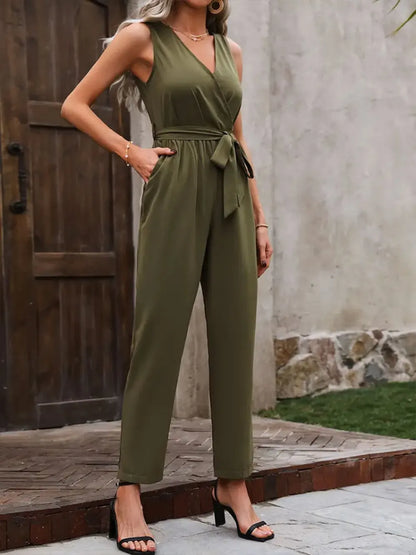 Surplice Tie Waist Sleeveless Jumpsuit - Army Green - View 5