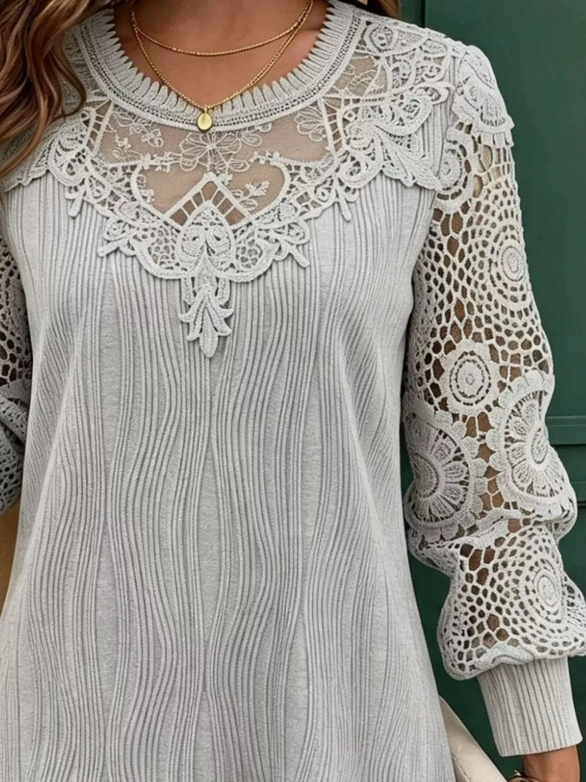 Lace Patchwork Long Sleeve Blouse - Gray - View 3