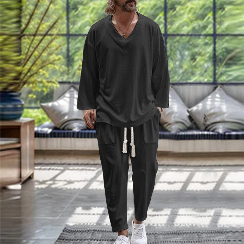 V-neck shirt casual loose long sleeved long pants beach set