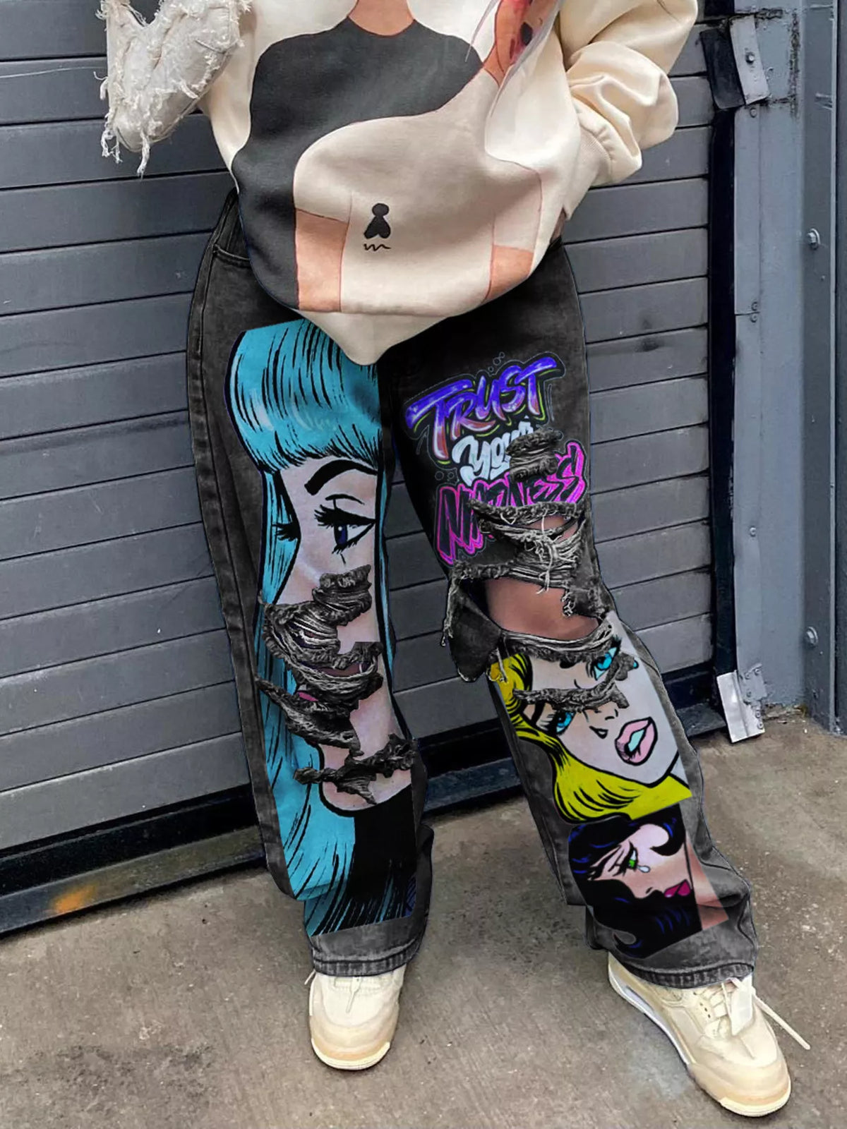 Full Size Pop Art Graphic Distressed Wide-Leg Jeans Plus Size - Black - View 1