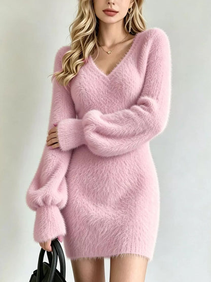 Fuzzy V-Neck Long Sleeve Sweater Dress - Dusty Pink - View 2