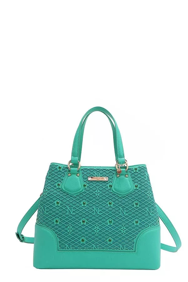 Nicole Lee USA Monogram Pattern Handbag with Rhinestones Decor - EMERALD - View 7