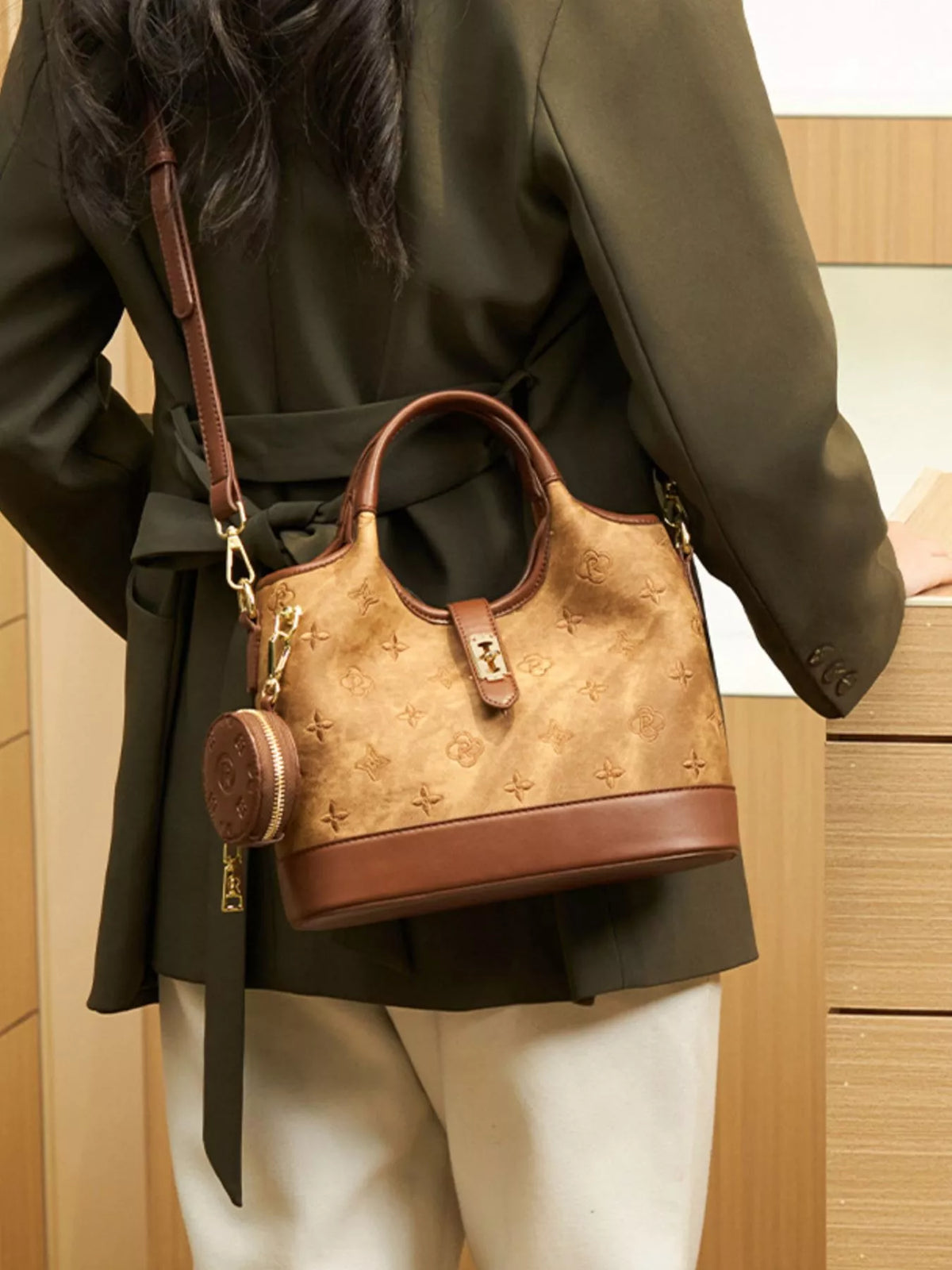 Embossed Crossbody Bag with Detachable Coin Pouch - Brown - View 12