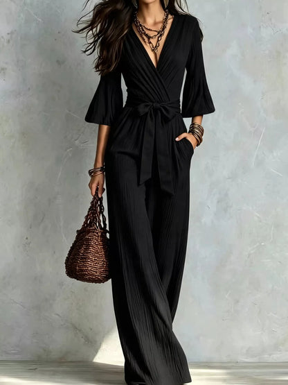 Pleated Wide-Leg Jumpsuit with Tie-Waist - Black - View 1