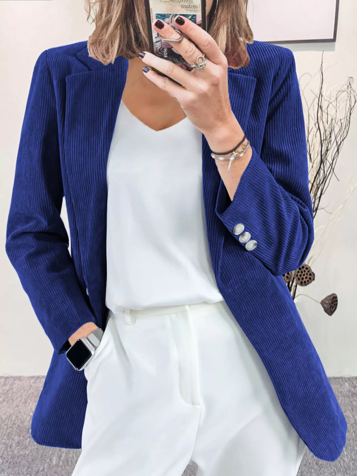 Corduroy Lapel Collar Casual Blazer - Color Blue - View 10