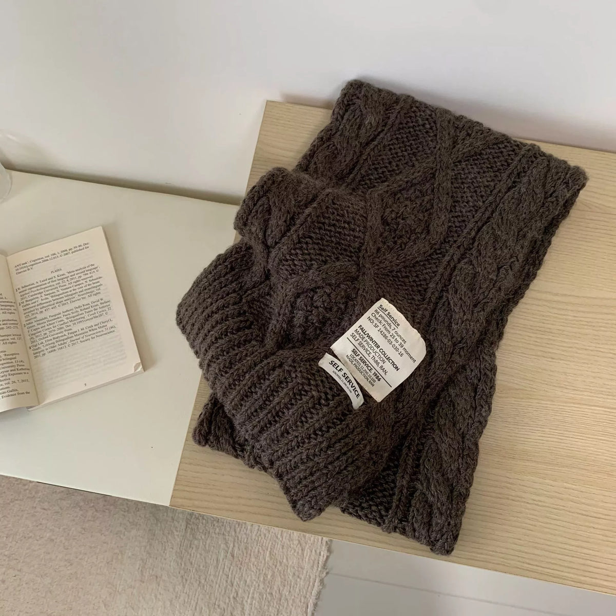 Chunky Cable Knit Scarf - Coffee Brown - View 3