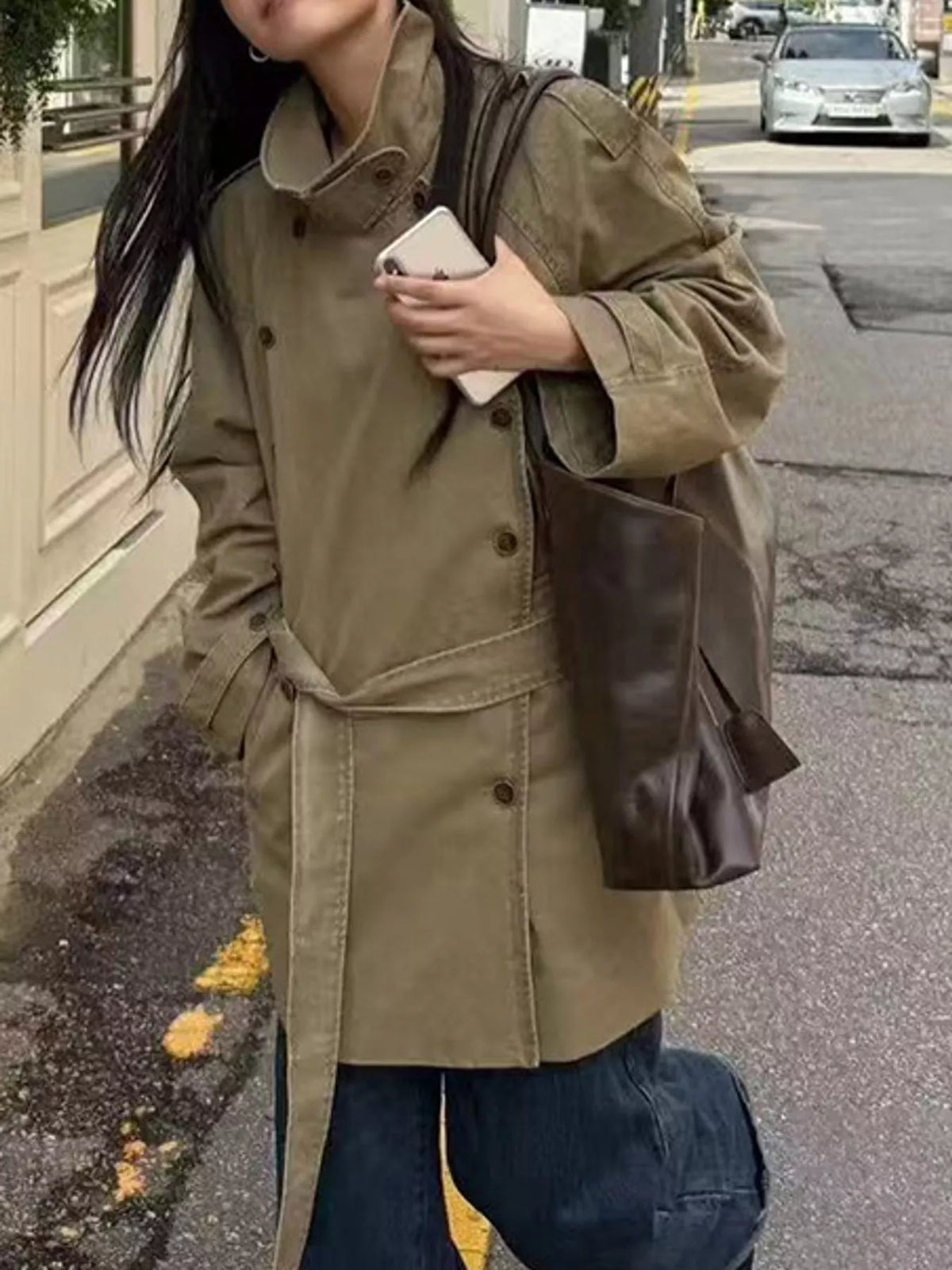 Vintage-Inspired Double-Breasted Belted Trench Outerwear - Camel - View 3
