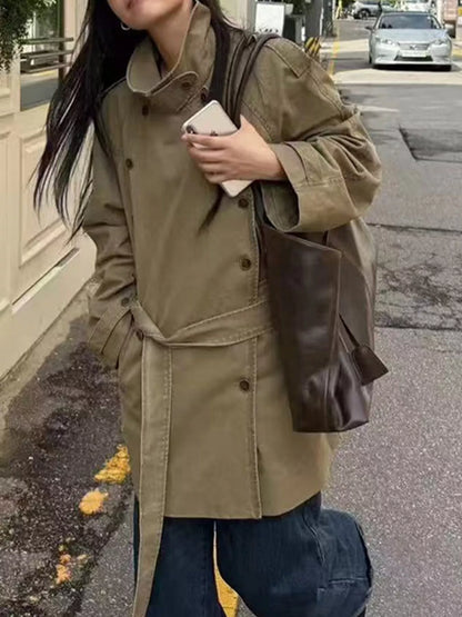Vintage-Inspired Double-Breasted Belted Trench Outerwear - Camel - View 3
